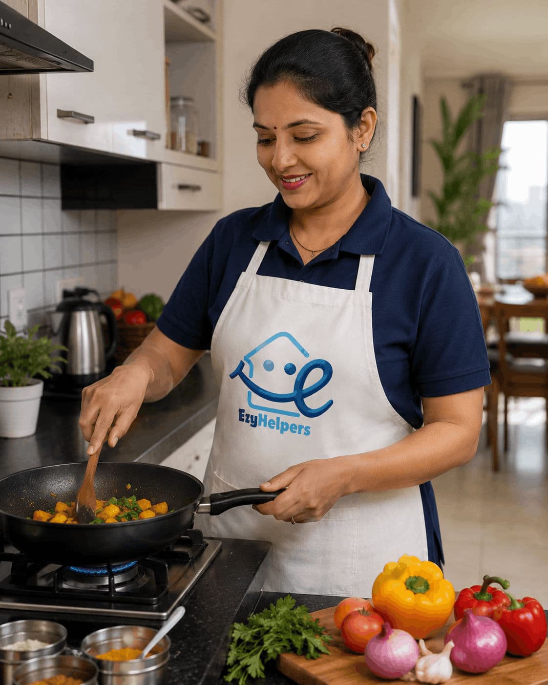 Cook preparing a meal in a home kitchen