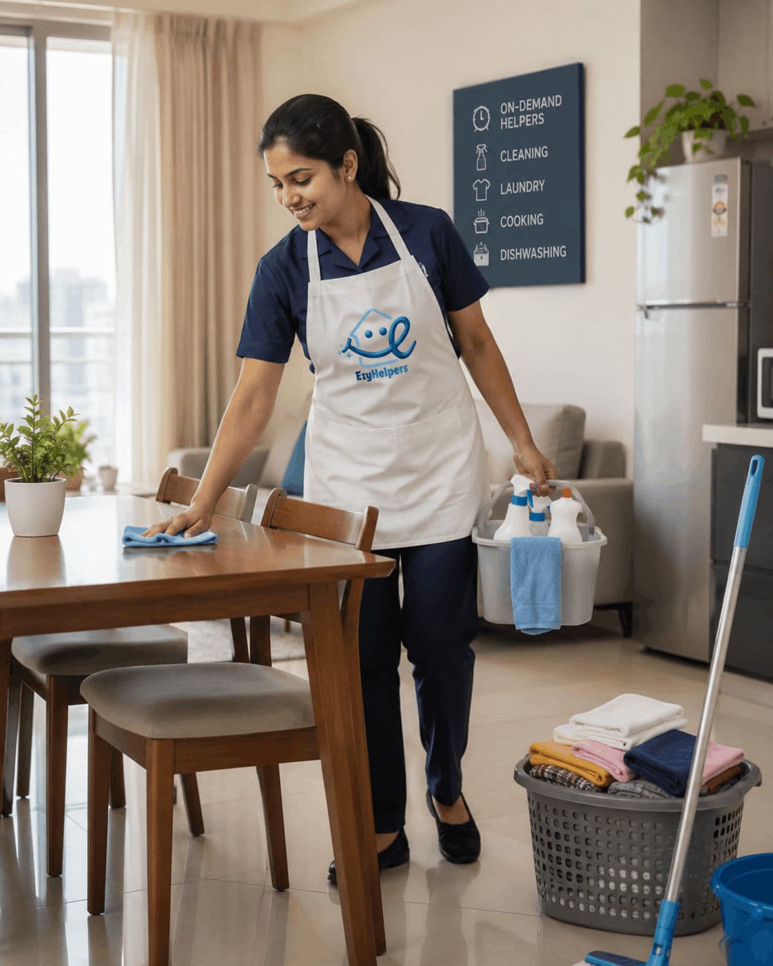 Full-time maid cleaning a living room
